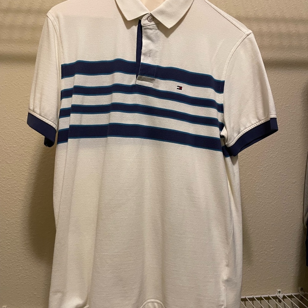 Tommy Hilfiger White and Blue Striped Men's Polo Shirt